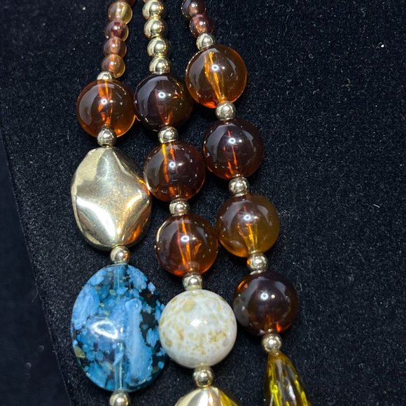 Triple Strand Gold Tone Brown, Aqua And White Graduated Beads Necklace (3890) - Picture 3 of 6